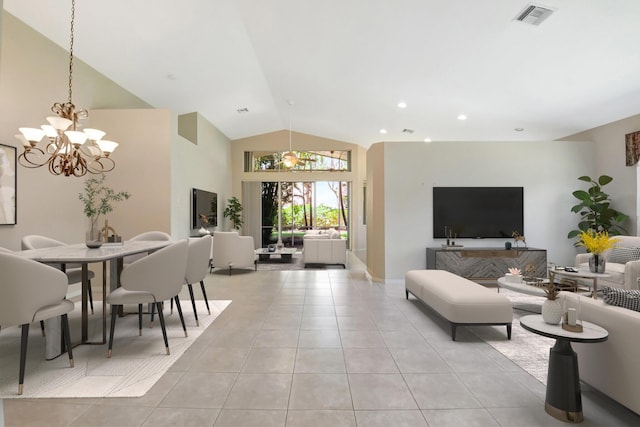 8430 Marsala Way, Boynton Beach, FL 33472 - living room with light tile patterned floors, a chandelier, high vaulted ceiling, and baseboards