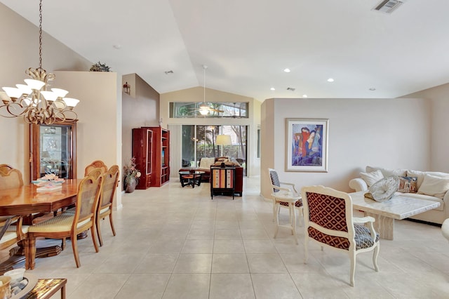 living room featuring lofted ceiling and light tile patterned floors