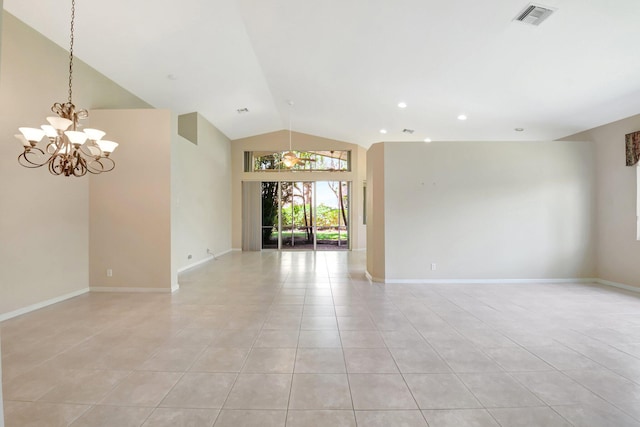 8430 Marsala Way, Boynton Beach, FL 33472 - spare room featuring light tile patterned floors, a chandelier, baseboards, high vaulted ceiling, and recessed lighting