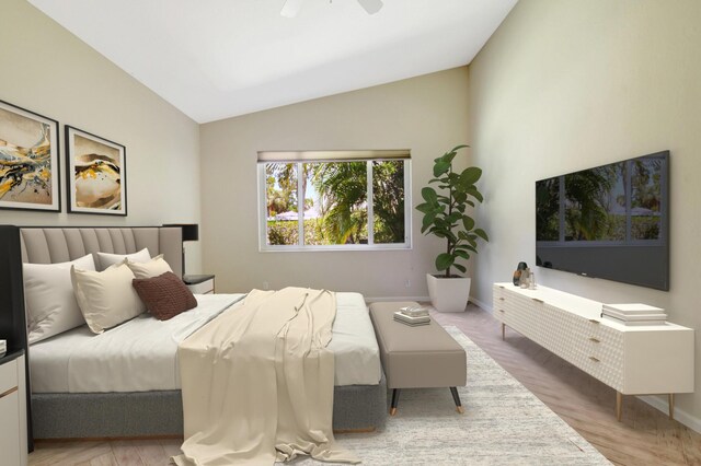 8430 Marsala Way, Boynton Beach, FL 33472 - bedroom featuring vaulted ceiling, baseboards, ceiling fan, and wood finished floors
