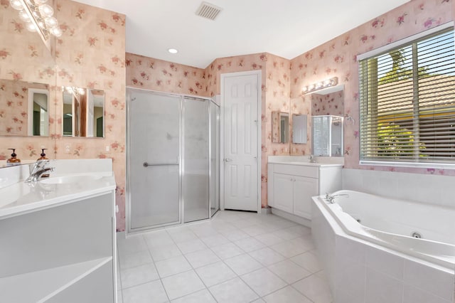 8430 Marsala Way, Boynton Beach, FL 33472 - full bathroom featuring wallpapered walls, a stall shower, two vanities, a whirlpool tub, and tile patterned floors