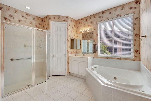 bathroom with vanity, separate shower and tub, and tile patterned floors