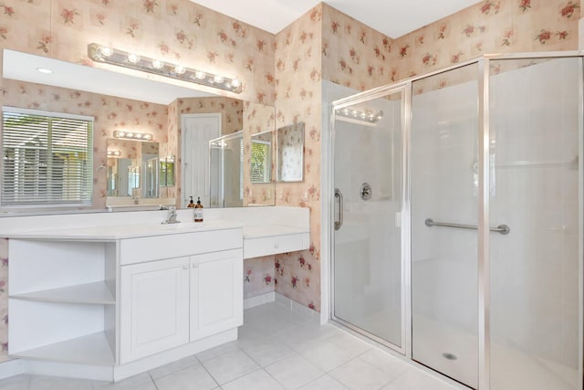 8430 Marsala Way, Boynton Beach, FL 33472 - full bath with wallpapered walls, vanity, tile patterned flooring, and a shower stall