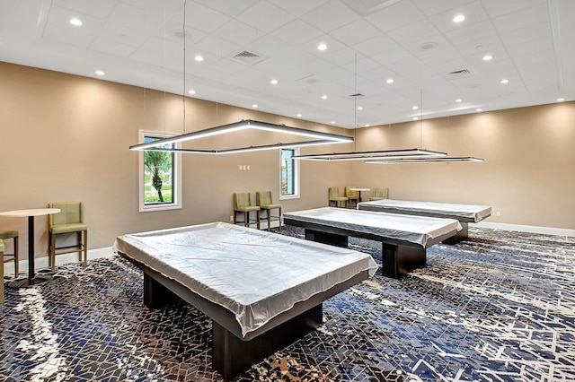 recreation room with a paneled ceiling, a healthy amount of sunlight, and pool table