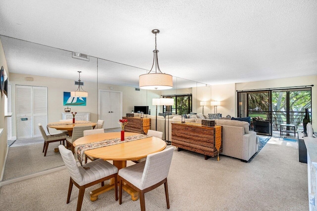 carpeted dining room featuring plenty of natural light and a textured ceiling