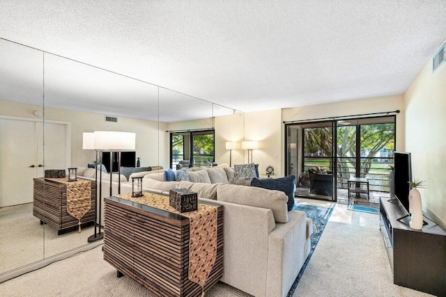 living room featuring light carpet and a textured ceiling