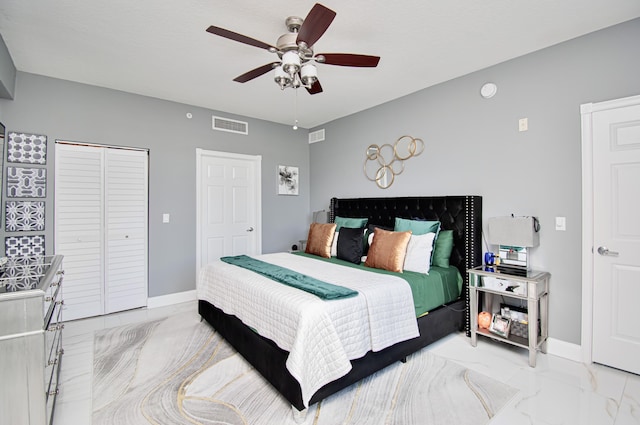 bedroom featuring ceiling fan and a closet