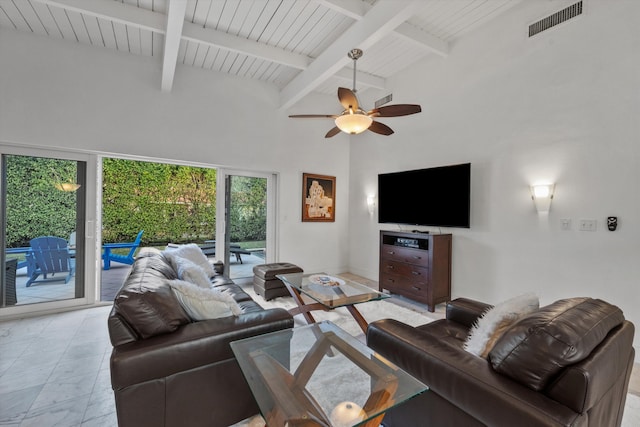 living room with ceiling fan, wood ceiling, and beamed ceiling