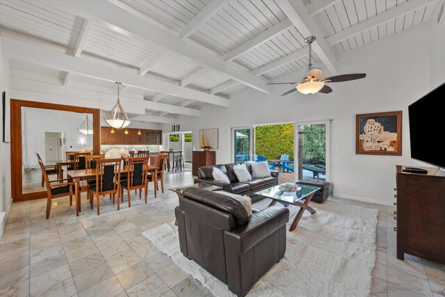 living room with wood ceiling, beam ceiling, high vaulted ceiling, and ceiling fan