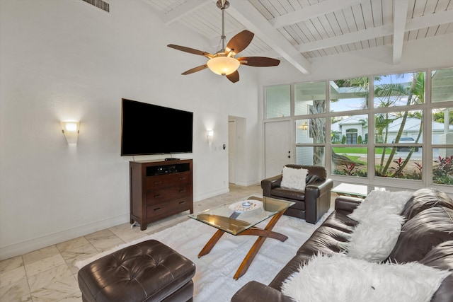 living room featuring ceiling fan, high vaulted ceiling, wooden ceiling, and beamed ceiling