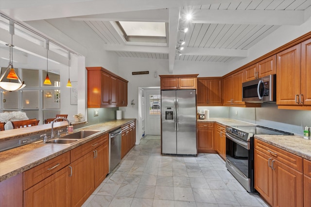 kitchen with sink, vaulted ceiling with beams, wood ceiling, pendant lighting, and stainless steel appliances