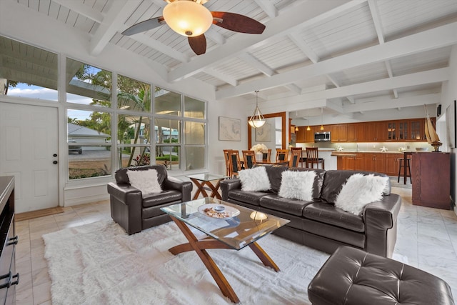 living room featuring ceiling fan, wooden ceiling, and vaulted ceiling with beams