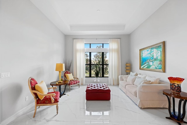 living room with a tray ceiling