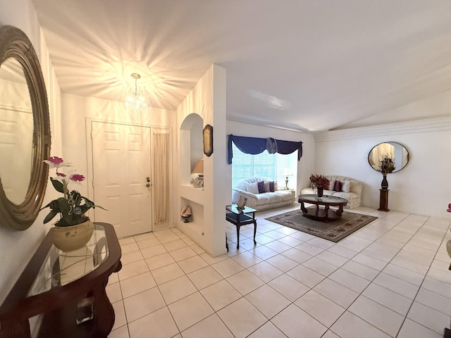 tiled living room with vaulted ceiling