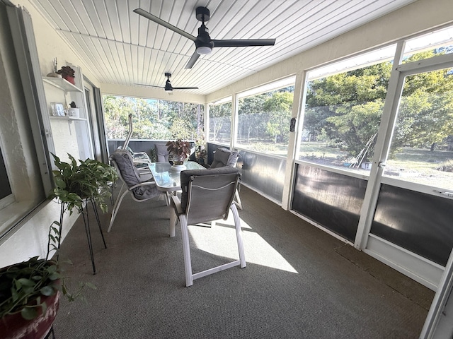 sunroom featuring wooden ceiling and ceiling fan