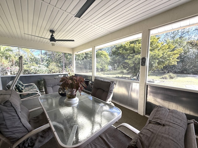 sunroom featuring wood ceiling and ceiling fan