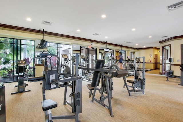 gym featuring recessed lighting, visible vents, crown molding, and light carpet