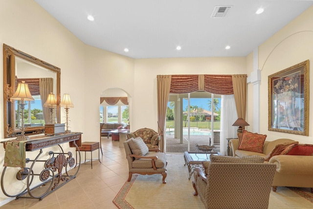 living area featuring light tile patterned floors