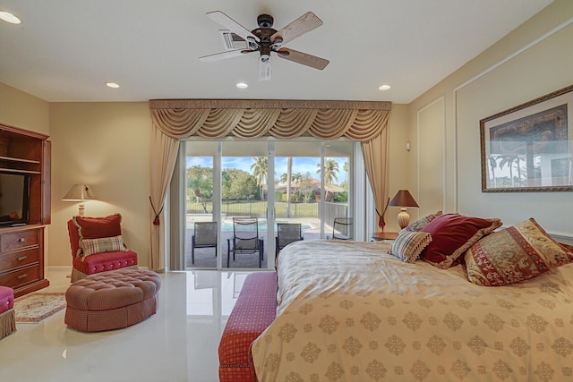 bedroom with ceiling fan and access to exterior