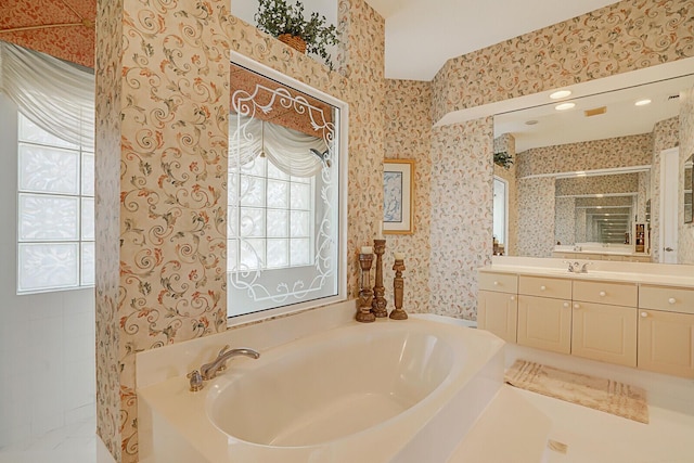 bathroom featuring a healthy amount of sunlight, a bathtub, and vanity