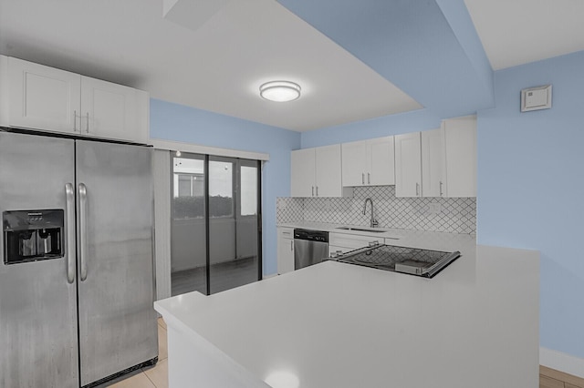 kitchen with appliances with stainless steel finishes, sink, white cabinets, and kitchen peninsula