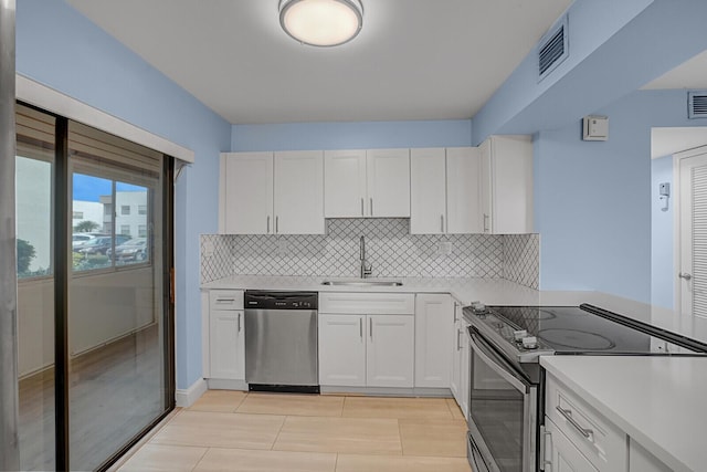 kitchen featuring tasteful backsplash, sink, stainless steel appliances, and white cabinets