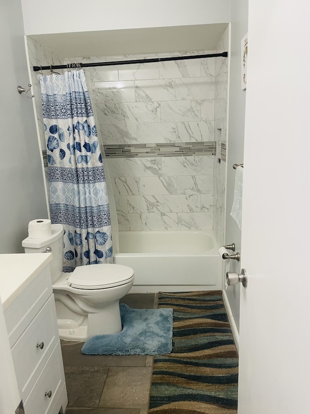 bathroom with shower / bath combination with curtain, vanity, and toilet