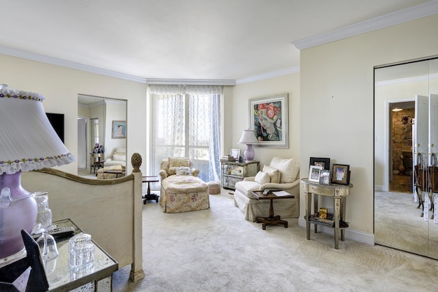 carpeted living room featuring ornamental molding