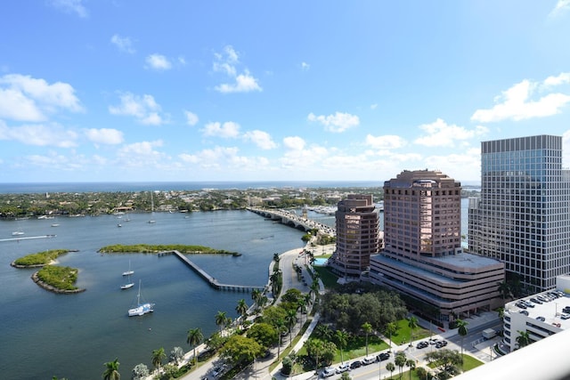 drone / aerial view featuring a water view