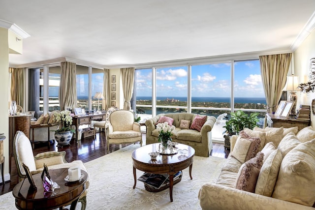 living room featuring crown molding, wood-type flooring, expansive windows, and plenty of natural light