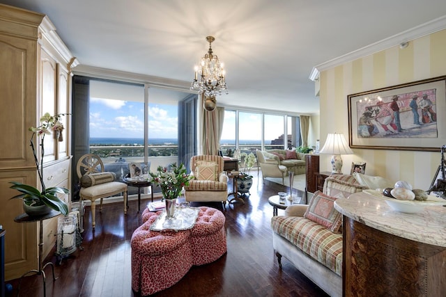 living room with ornamental molding, dark hardwood / wood-style flooring, floor to ceiling windows, and a notable chandelier