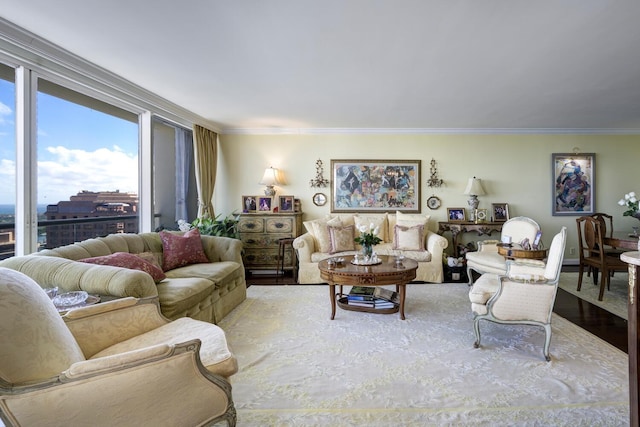 living room featuring wood-type flooring and ornamental molding