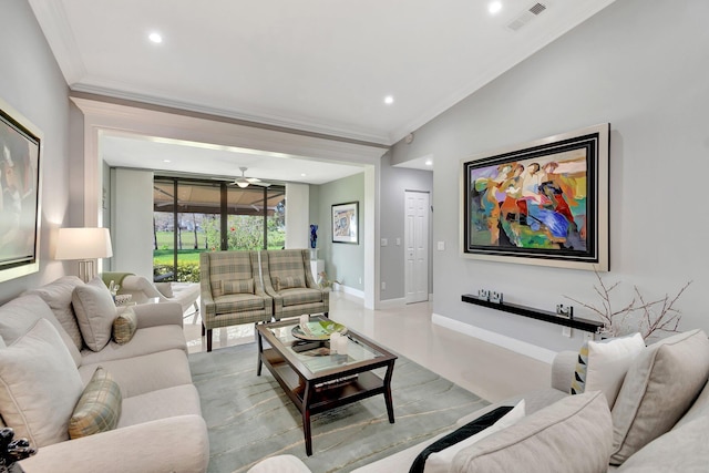 living room with crown molding and ceiling fan