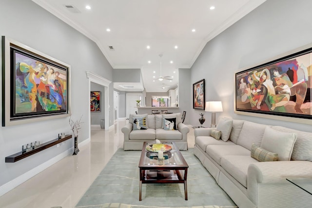 living room featuring crown molding