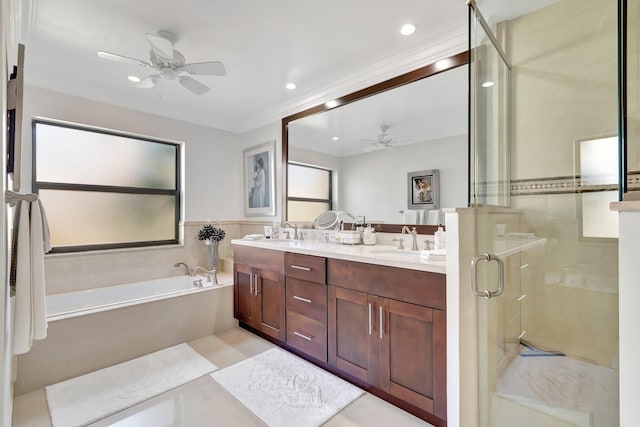 bathroom featuring vanity, crown molding, plus walk in shower, and ceiling fan