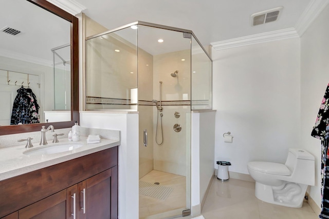 bathroom featuring vanity, crown molding, toilet, and walk in shower