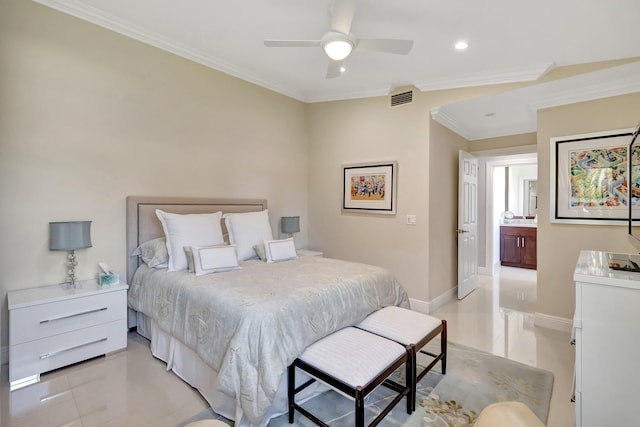 tiled bedroom with crown molding and ceiling fan