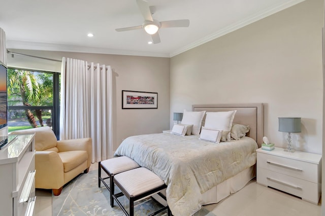 tiled bedroom with crown molding and ceiling fan