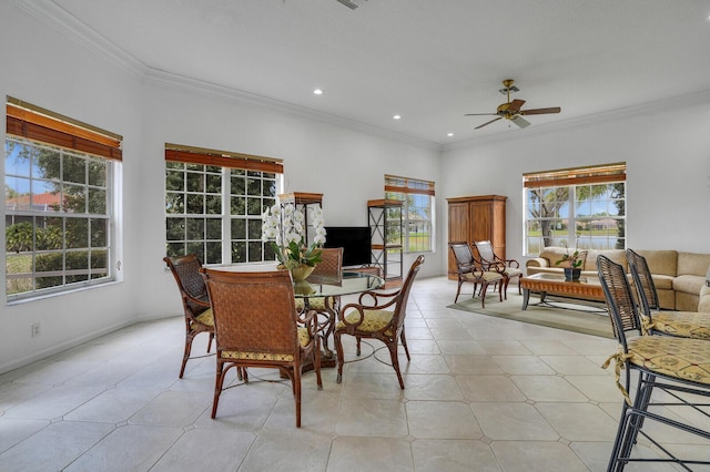 dining area featuring ceiling fan, baseboards, crown molding, and recessed lighting