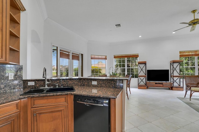 kitchen featuring open shelves, visible vents, a sink, dark stone countertops, and dishwasher