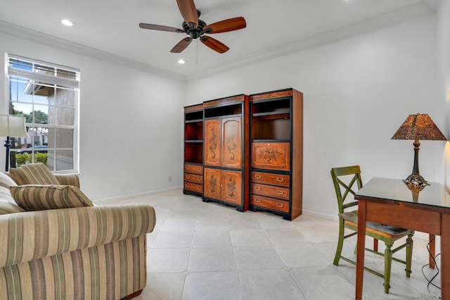 interior space featuring ceiling fan, baseboards, ornamental molding, and recessed lighting