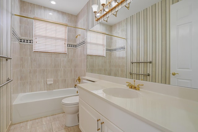 bathroom with toilet, vanity, shower / tub combination, tile patterned flooring, and wallpapered walls