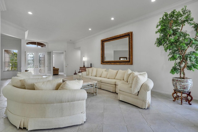 living room featuring ornamental molding, recessed lighting, french doors, and baseboards