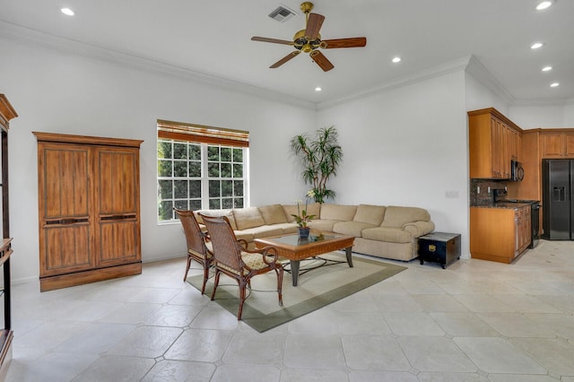 living area featuring recessed lighting, a ceiling fan, baseboards, visible vents, and ornamental molding