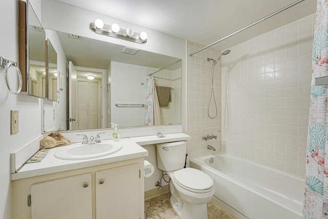 full bathroom featuring vanity, shower / bath combo, and toilet