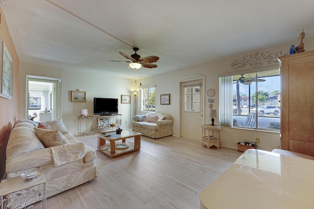 living room featuring a wealth of natural light, ceiling fan, and light hardwood / wood-style flooring