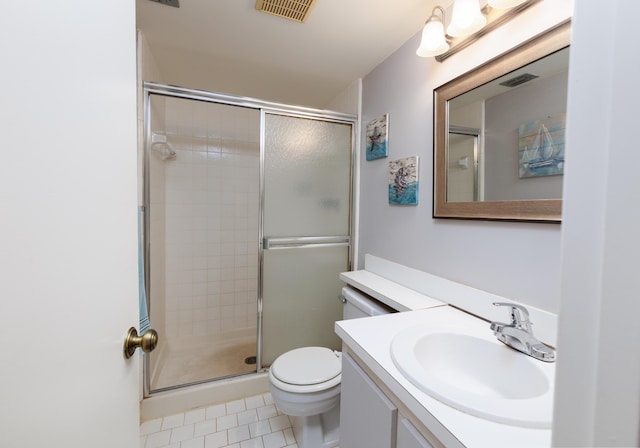 bathroom featuring tile patterned flooring, vanity, an enclosed shower, and toilet