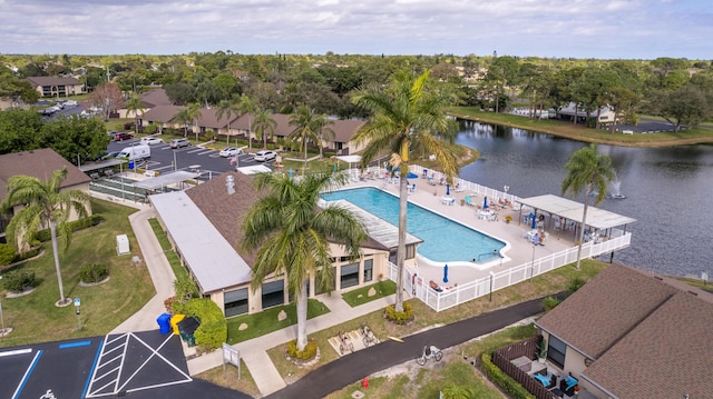 bird's eye view with a water view