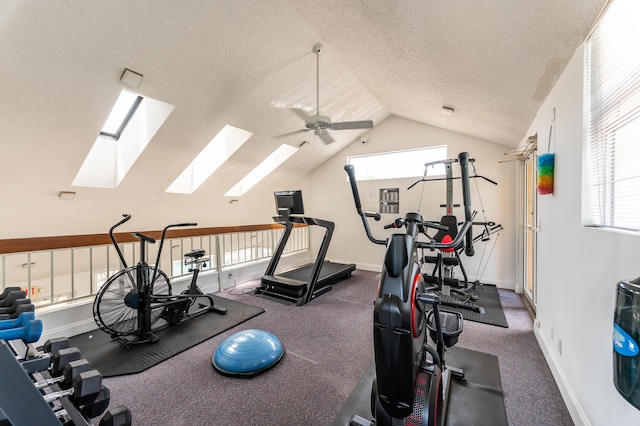 exercise room featuring lofted ceiling with skylight, a healthy amount of sunlight, and a textured ceiling