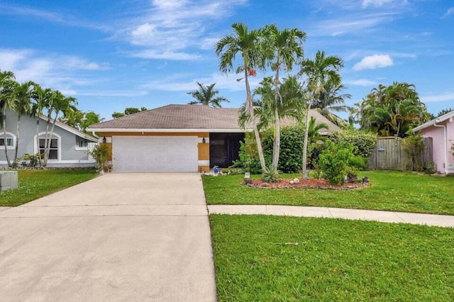 ranch-style home with a garage and a front yard